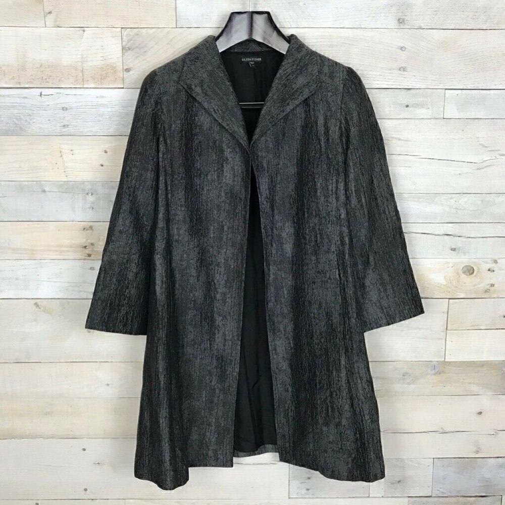 Eileen Fisher Jacket Gray Black Open Front Long coat Jacket Women’s Size XS